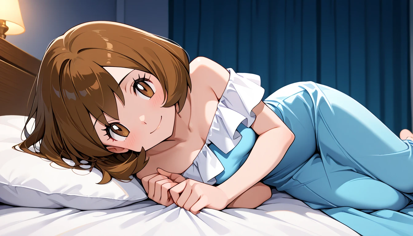 ((masterpiece)),((highest quality)),wallpaper,Ultra-high resolution,glowing eyes,detailed skin,detailed face,
4K,photograph,(beautiful,Small breasts:1.5),(Beautiful face:1.2),Beautiful feet,Perfect Legs,
Shiny skin,Anime key visual ,official style,Yoshida Ayumi,One girl, alone, brown hair, short hair, Sitting, smile, , bed, blue eyes, in the school,blue Border panties ,View your viewers,