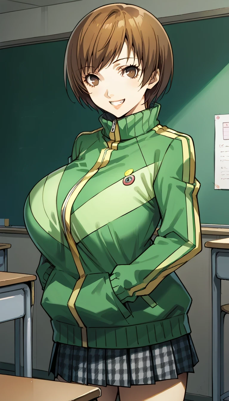 score_9, score_8_up, source_anime 1 girl and 1 boy, solo, cute face, p4chie, satonaka chie, short hair, brown hair p4chie-winuni, school uniform, yasogami school uniform, green jacket, zipper, button badges, pleated skirt, houndstooth skirt, socks, loafers, classroom, standing, looking at viewer, smile, teeth, classroom, standing, looking at viewer, smile,gigantic breasts, head between breasts, face to breasts, breast smother