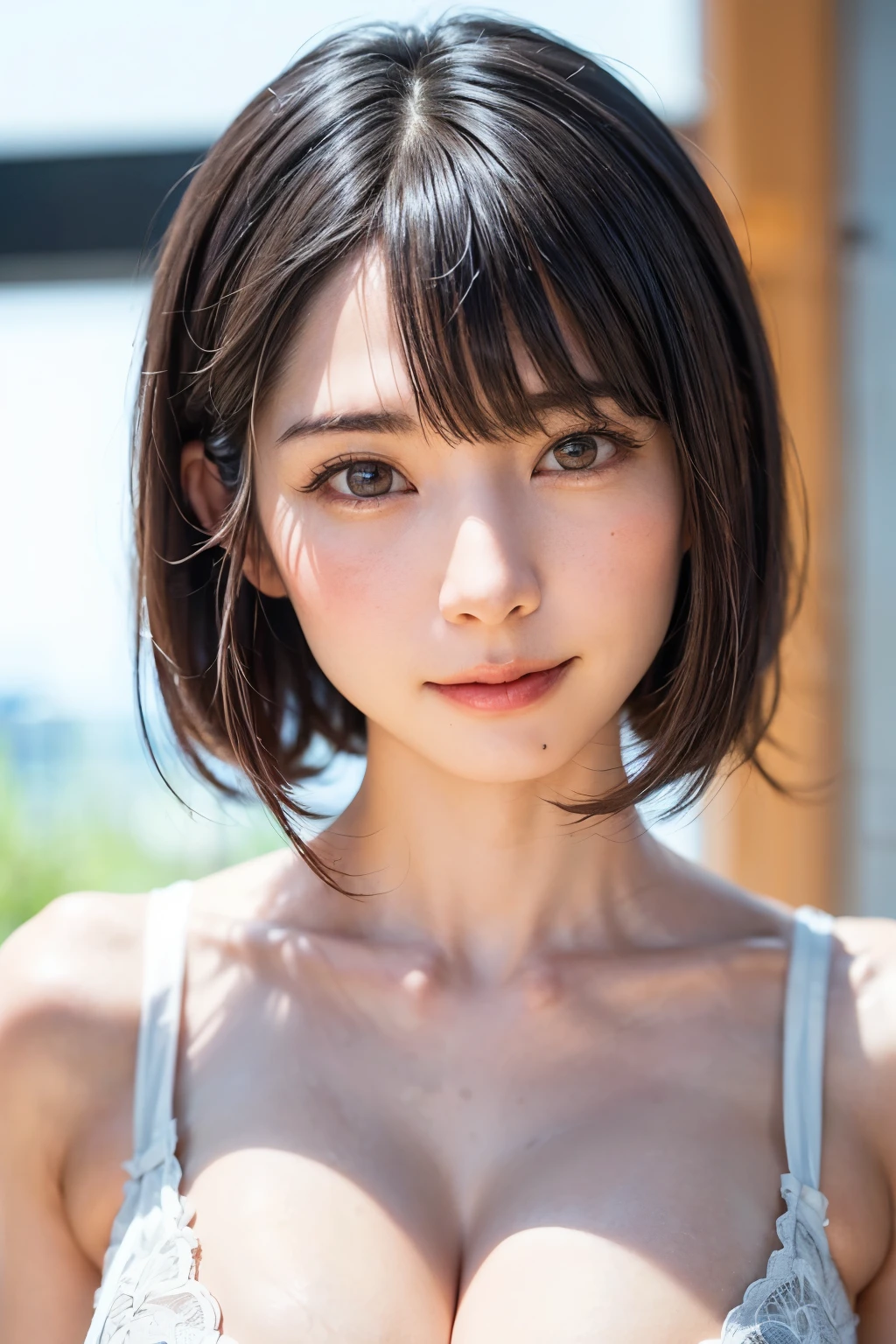女の子1人、top-quality、realisitic、report、depth of fields、natural soft light、during daytime、魅惑的、beauitful face、Cleanliness、Pure face、de pele branca、cute hawk hair、bangss、the beach、rays of sunshine、Nedium Breast Body Esbian、((Beautiful face with sweater golden ratio Beautiful face with symmetry))、long neck、Put your ears out、Clean short bob hair with bangs、Smile with your mouth closed:1.4、Smile with your mouth closed:1.4、Perfect fingers、perfect hand、Perfect body、face perfect、Shine a light into the eyes、Perfect Anatomy:1.4、very cute super model:1.4