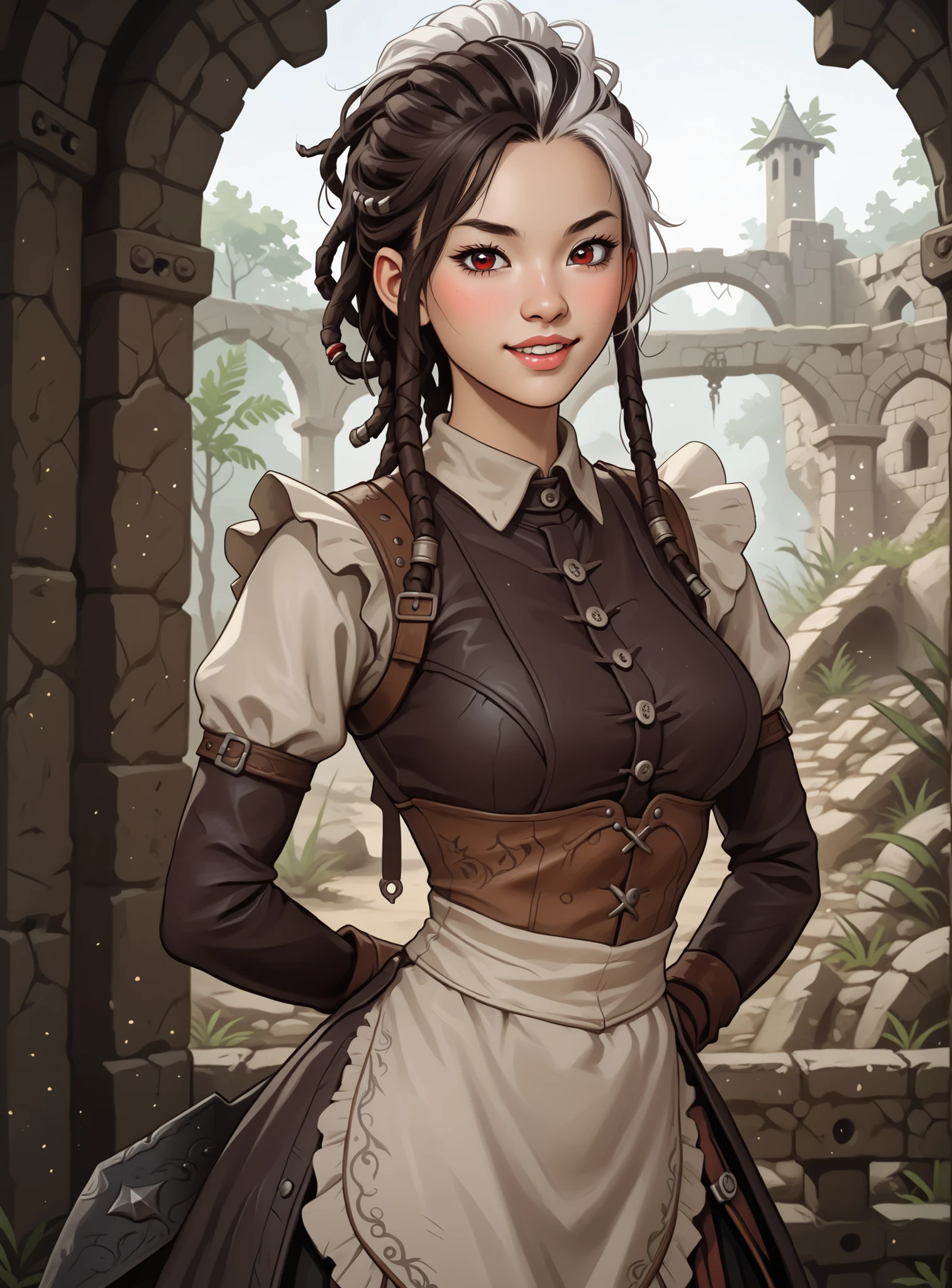 Slender body. White skin. Cute 18-year-old Asian girl with Asian red eyes and sharp teeth and dreadlocks with white highlights. She has a cute and beautiful face. She has a round and young face with a pointy chin. Her body is athletic with abs. She wears medieval an intricate medieval leather clothing with buttons. Background: medieval jungle ruins. Realistic lighting. DnD art-style. Looking at the viewer.