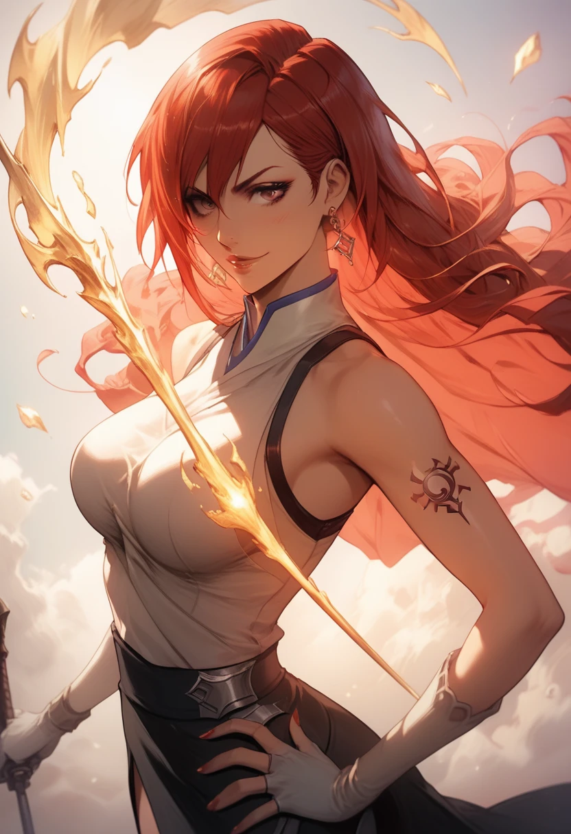 (((masterpiece+best quality+high resolution+ultra-detailed))), 1girl with clima-tact, erza scarlet, long silky red hair, high nose, sharp eyes, noble and inviolable temperament, (([female]: 1.2 + [beauty]: 1.2 + red long hair: 1.2)),in gangster street,dark and black atmosphere, log pose, gold bracelets, revealing yellow bikini halter top, tight low-rider white jeans, (big breasts:0.9), bright eyes, dynamic angle and posture.