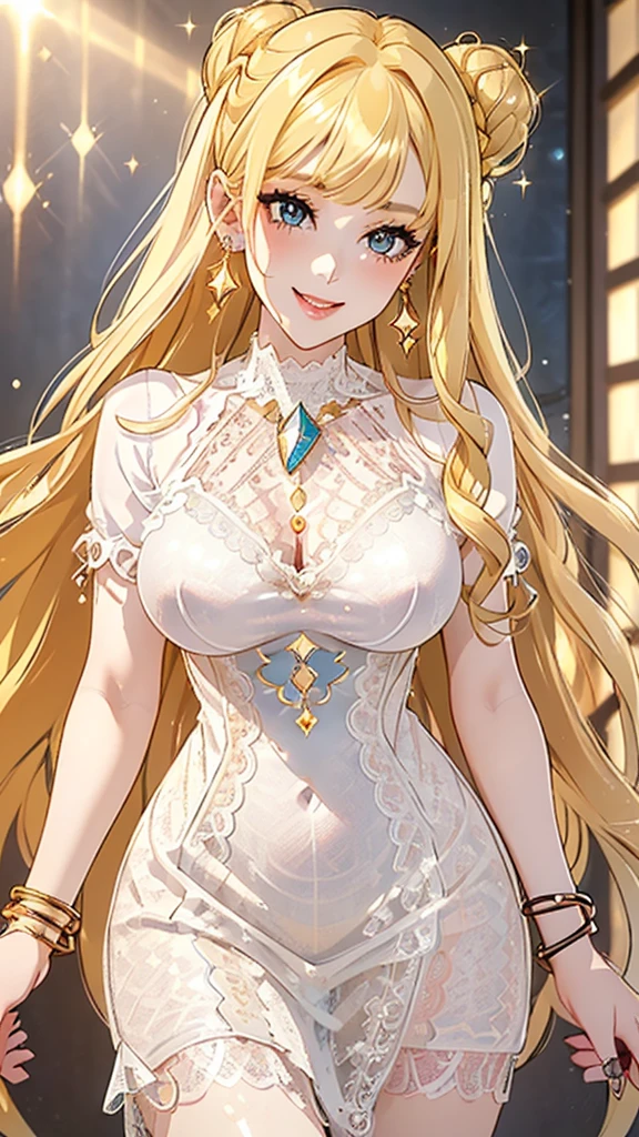 beautiful girl、perfect body、beautiful ample breasts、long blonde hair、bangs、((embellished sexy dress))、((I&#39;m seducing you))