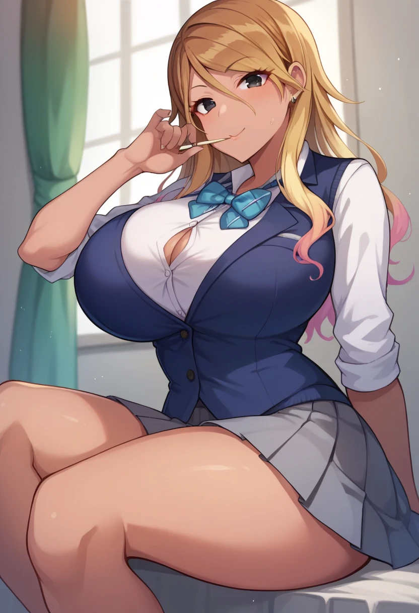 Blonde ponytail, , unbuttoned school uniform, skirt, smiling, (blushing:1.3), classroom background, sitting on table, (pov), glowing eyes, necklace, earrings, (condom oh)