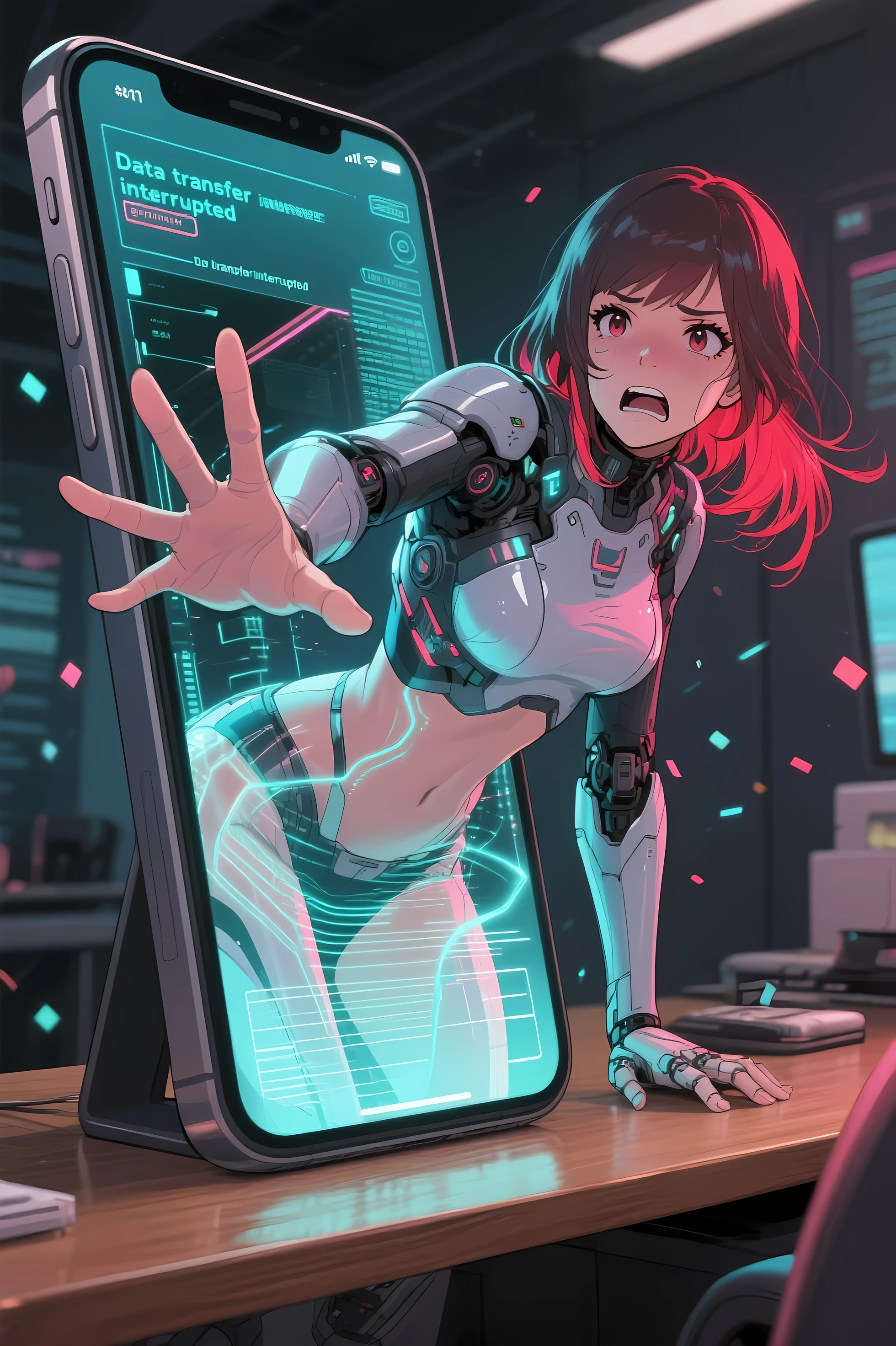 Anime-style sci-fi comedy scene. her hand reaching towards the viewer with a desperate plea in her eyes、 wince,Woman buried from the waist down and unable to get out.Hard-working expression.reaching out to the viewer for help.
A cool, cybernetic female warrior—normally calm and composed—is awkwardly stuck halfway out of a smartphone screen, struggling to finish her dramatic entrance.  
Her upper body has successfully emerged from the phone, but her lower half remains trapped inside the glowing display.  
She leans forward with a determined, frustrated expression, face slightly red, arms planted on the desk, straining and grunting softly as she tries to push herself the rest of the way out.  

Her design features sleek, high-tech armor, glowing holographic accents, and translucent data streams flowing along her skin.  
Her hair flickers with neon strands, and parts of her body shimmer with shifting light.  
The smartphone sits vertically on a wooden desk, angled toward the viewer, with holographic interference and scanlines where her waist meets the screen—suggesting a digital glitch.

The perspective is dynamic and 3D, from a slightly low angle that emphasizes her forward-leaning posture and the absurdity of the situation.  
Glowing UI particles float around the phone, and faint error text like “Data transfer interrupted” appears in the background.  
The scene blends comedy, sci-fi, and stylized action, with detailed cel shading, vibrant color tones, and expressive posing.
