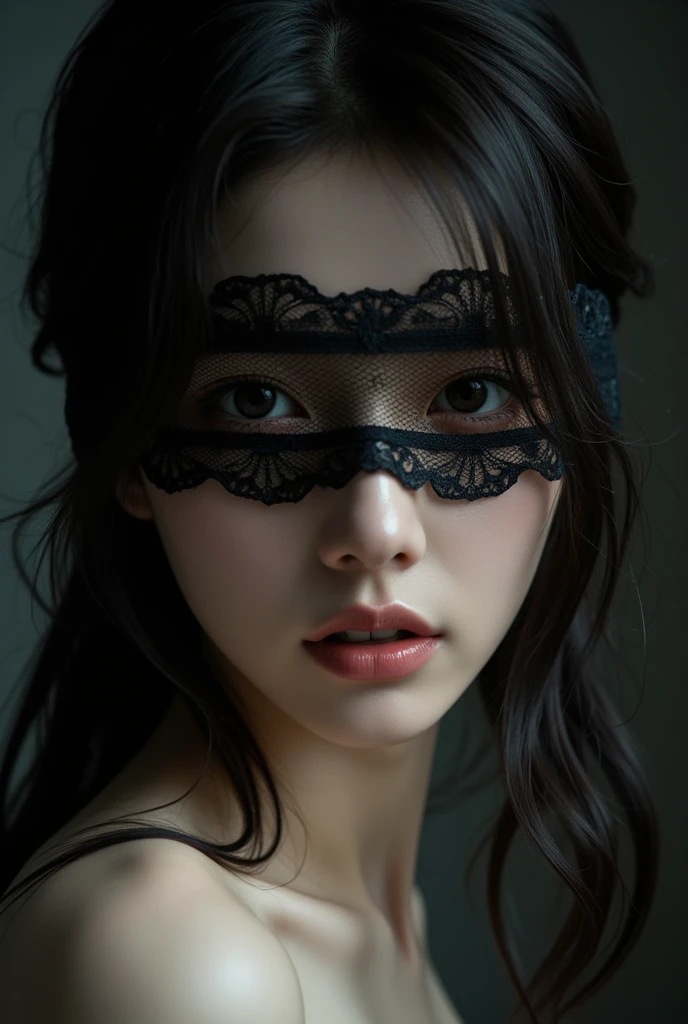 a close up of a woman wearing a black lingersuit and a Blind, fantasy Blindfold, black Blindfold, Blindfolded, Blindfold, cruel korean goth girl, Wear a black necklace, ( ( Deep black eyes ) ), Blind, Black eye mask, Black lace, 迷人的black eyes, Wearing a delicate black necklace, Black eye mask, black eyes, Ulzan,Biting your lips，full-body shot 