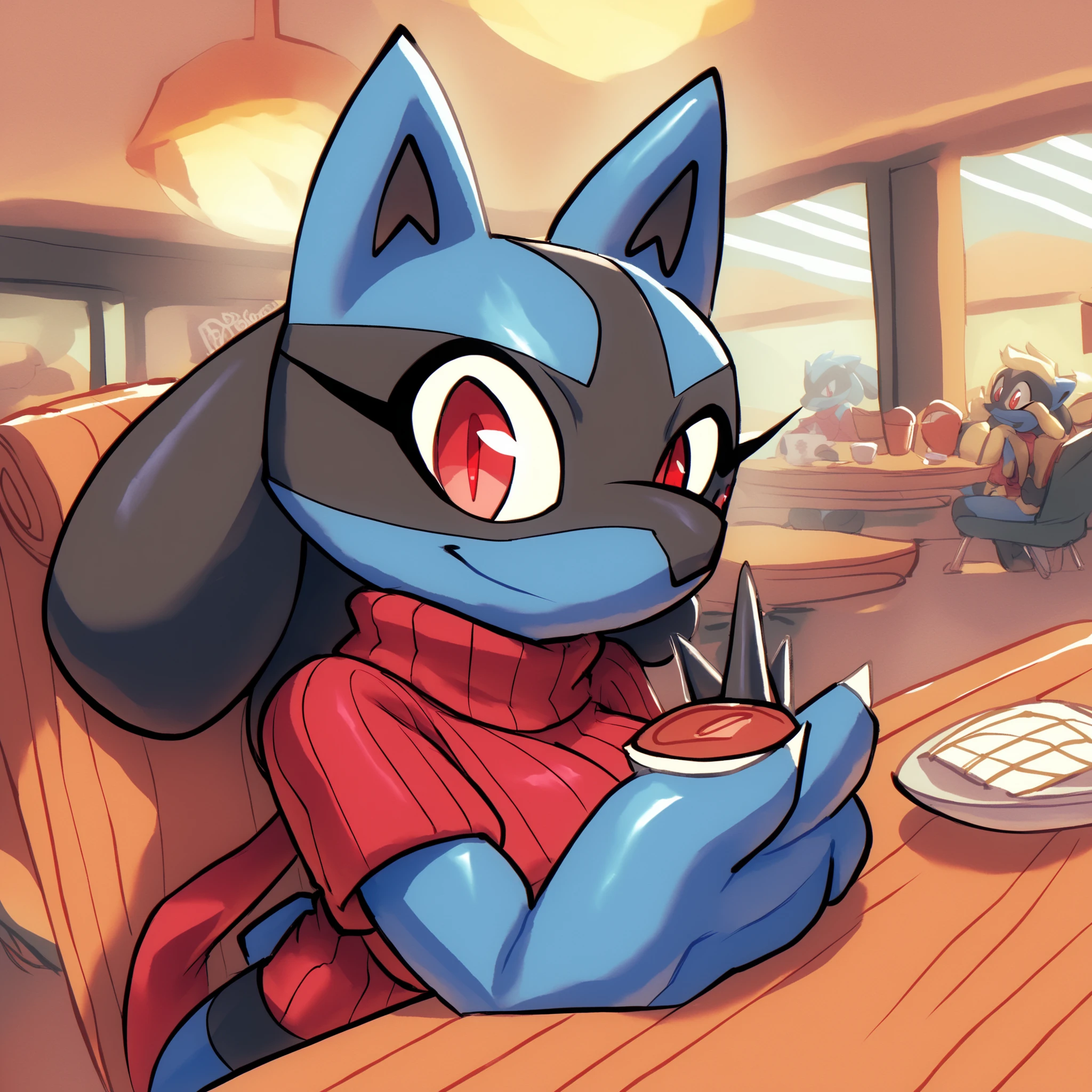 lucario, red eyes, pokemon \(creature\), black fur, blue fur, body fur, furry, snout, spikes, wolf tail, large bust, milf, 2 quill like hair bangs, Lucario as a Mobian, 1girl, fluffy muzzle, blue and black hair, red eyes, bigdad/character, ((Mobian)), red sweater, off shoulder sweater, red scarf, female, young adult, solo, open eyes, small mouth, light smile, shy, sitting, chair, cafe table, cute pose, cafe, indoors, Sonic OC, looking at viewer