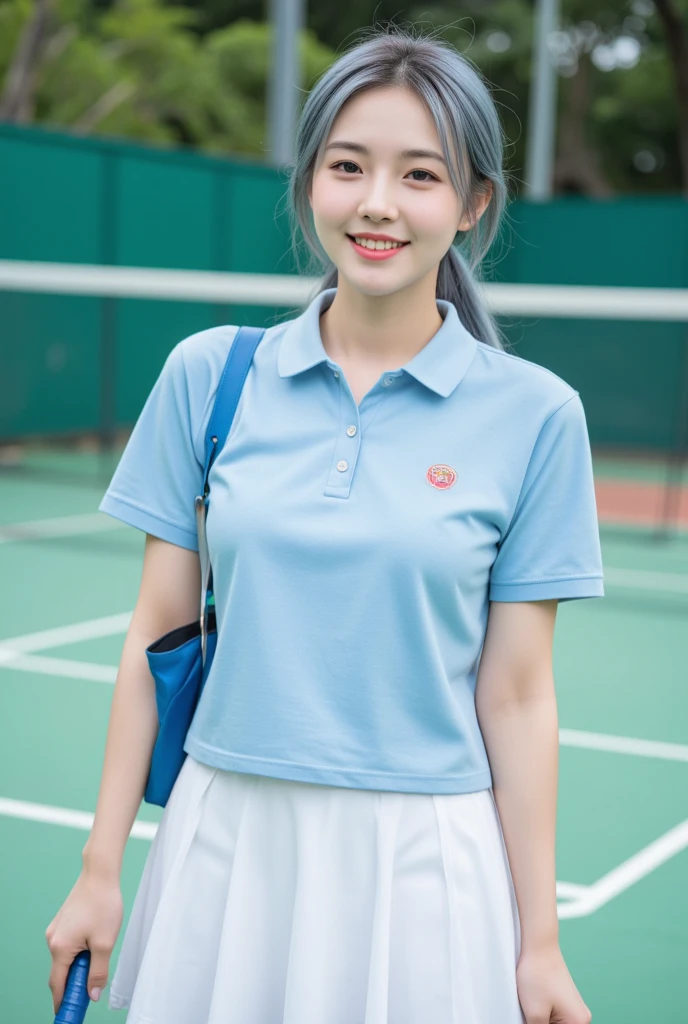 1girll, 独奏, White polo shirt, White sneakers, tennis wear, white mini-skirt, tmasterpiece, Best quality at best, realisticlying, ultra - detailed, (shiny skins, perspired:1.4), looking at viewert, with short black hair, with brown eye,slenderness,Dynamic light and shadow,A high resolution,Sharp focus,depth of fields,The eyes are delicate,Sharp pupils,pupil realistic,(smallunderboob:1.25),(Thigh thick:1.0),horse tailed，exteriors,Skysky