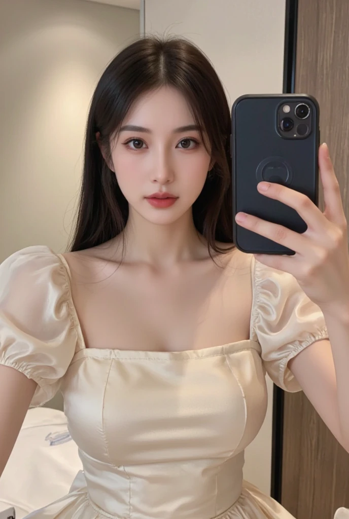 Kim jennie con el cabello negro oscuro, con rulos en las puntas del cabello negro oscuro, con un ganchito de estrella en el cabello negro oscuro, ojos de color claro, ojos bonitos, ojos llorosos, nariz bonita y respingada, labios bonitos, labios rosas, heart and cupid shaped lip, piel bonita, pale, piel blanca, con lunares y pecas en todo el rostro, rubor rosa suave en las mejilla, rubor rosa natural, maquillaje suave y rosa, jennie, cuellos bonito, cuello marcado, frown, mirada enojada, con un collar de beso, un collar bonito de beso, mientras tiene un traje de Yumeko Jabami, cospaly de Yumeko Jabami, mientras tiene una camisa blanca, con tiene un traje de color rojo encima de su camisa blanca, apretado a su cuerpo, con una falta negra corta mientras tiene el abdomen desnudo, delgado, marcado y bonito, (pechos grandes, pechos suaves, pechos bonitos, pechos naturales), mientras esta haciendo cospaly del personaje Yumeko Jabami, del anime Kakegurui, mirando a la camara, autofoto, selfie bonita