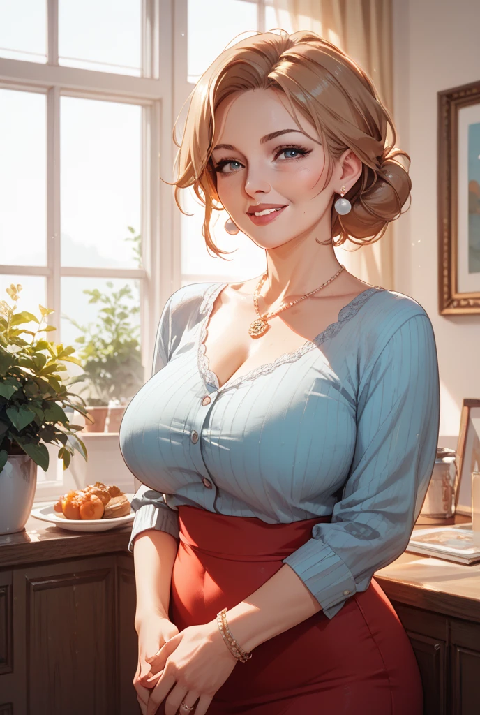 ((best quality)), ((highly detailed)), masterpiece, (detailed eyes, deep eyes), (1girl), dynamic angle, cowboy shot, mlpapplejack, woman, smile, looking at viewer, ((blonde hair)), ((green eyes)), low tied ponytail, (((50's light green dress))), housewife, pearl necklace, ((apron)), (indoor, kitchen), flashing breasts, ((exposed breasts, nipples)), graceful pose, realistic proportions, woman, cupping breasts, puckered lips, open shirt, rolled sleeves, american face, woman, glamorous, white blouse, pearl earrings, sitting on an easy chair, a line dress, lace lingerie, sexy pose, leaning forward