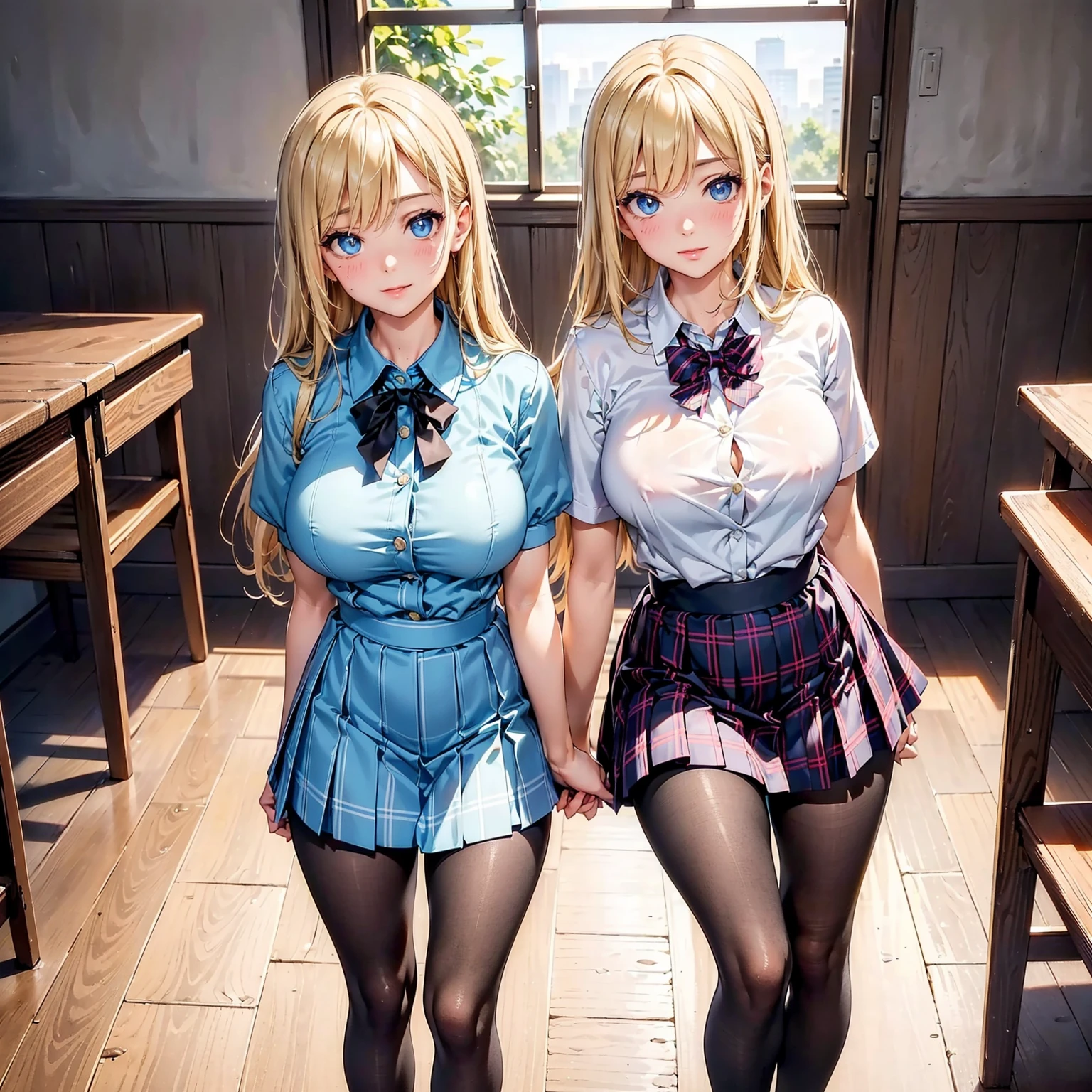blond haired woman in uniform sitting on a desk in a classroom, hyperrealistic , mature woman, 25 years old, cyber school girl, anime girl cosplay, anime barbie in white stockings, beautiful alluring anime woman, attractive anime girl, (two heads)