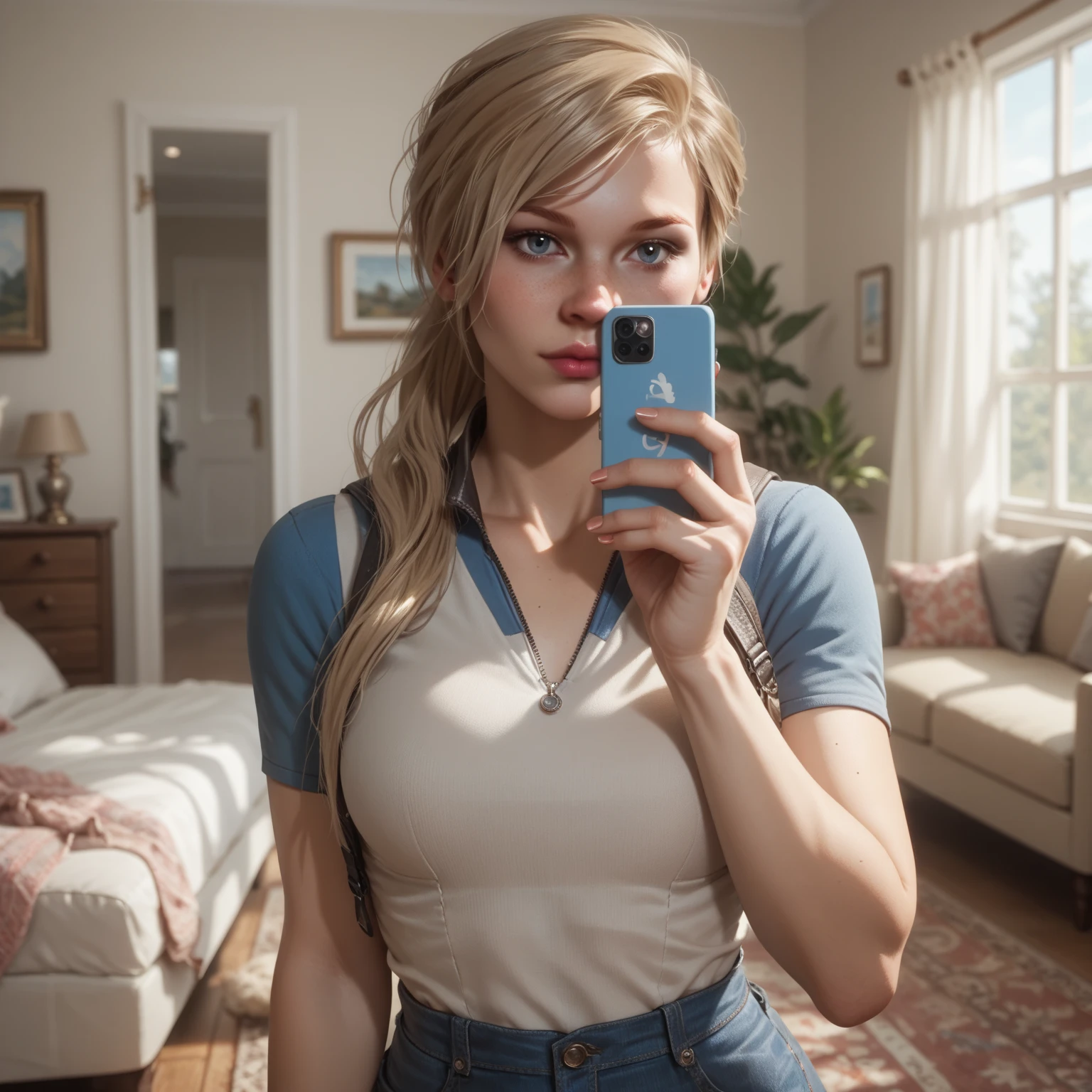 (((full body image of woman))), instagram model Rachel Cook. Full body portrait of A fashion model, glamour, brown wavy hair, (((bright blue eyes))), mischevious smile, very detailed face, very detailed eyes. Make up. Large breasts. Posing at an antique vanity . ((One hand in her hair. Armpit)). (( other hand holding up a cell phone. Taking a selfie)). ((Wearing skin tight jeans, short , very tight, low cut sweater. No bra. Down blouse. Hard Nipples. )). Bokeh, 8K, High quality, Masterpiece, Best quality, HD, Extremely detailed, voluminetric lighting, Photorealistic. ((View from above)).