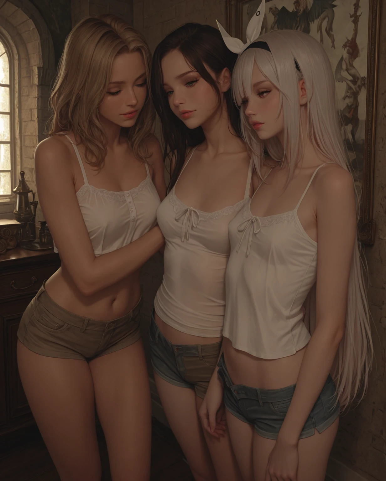 There is a drawing of two women in a sumptuous room of a palace, com paredes vermelho escuro e cor de siena queimada, The woman on the left is 18 years old and submissive, has athletic body, pele muito clara e cabelos loiros, franja, olhos azuis, rosto perfeito, middlebreasts, cintura fina, thick thighs breasts are bare, NSFW, is wearing only a dark azun skirt of thin fabric, com aberturas laterais que deixam as pernas a mostra, The woman on the right is domineering, tem 23 anos, cabelos pretos, pele clara, seios grandes, abdome fino, Pernas lindas, is holding a whip and wearing a highly refined and detailed red bustie, cheio de detalhes intrincados em dourado e um saiote vermelho de tecido fino que deixa suas lindas pernas a mostra, tem as coxas finas a mostra, there is a man's hand in the hand there are gold rings, The hand is opening a red curtain, ambiente com luz suave, semi obscuridade, modelos bem iluminadas, Commission for High Res, Art not in the style of Terry Moore, Wip, inspirado em Tim e Greg Hildebrandt, (NSFW) contornos leves e discretos, OC Commission, bottom angle, comissionado, commission for, commission, commission art