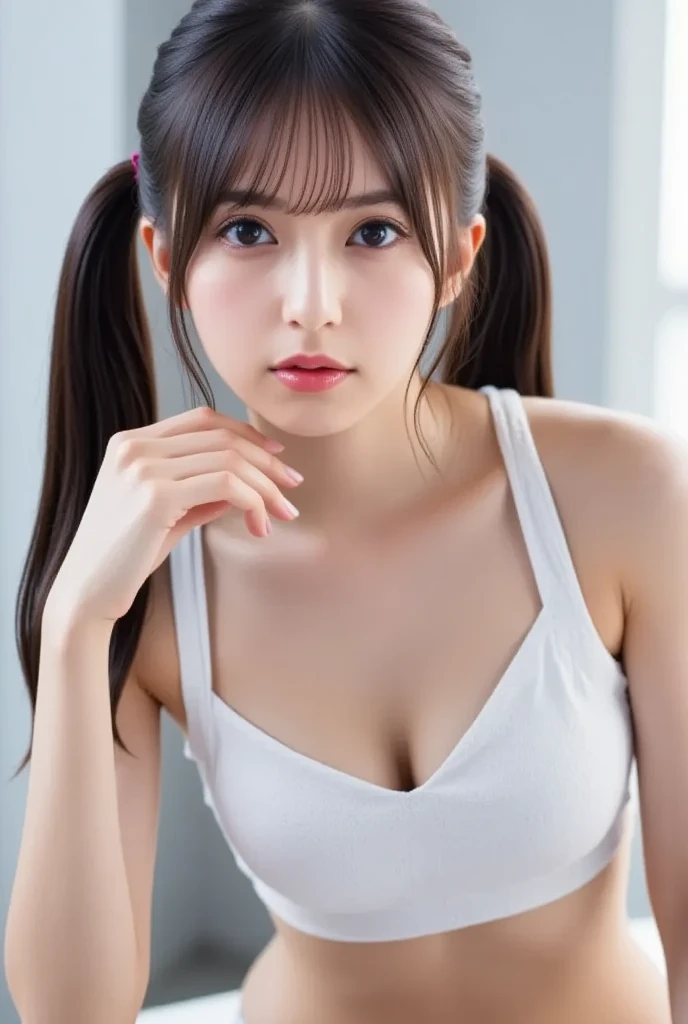 ((Highest quality、masterpiece、High resolution))、(((Zoom photo from above)))、(A shy smile:1.2)、1 woman, 25 years old、Beautiful Skin、Beautiful Eyes、Cleavage、Sportswear、Brown Hair、Show your forehead、Short Twin Tails、room、Small breasts、Light in the eyes、Detailed eye resolution、Droopy eyes、Sweating profusely、Wet、sweating