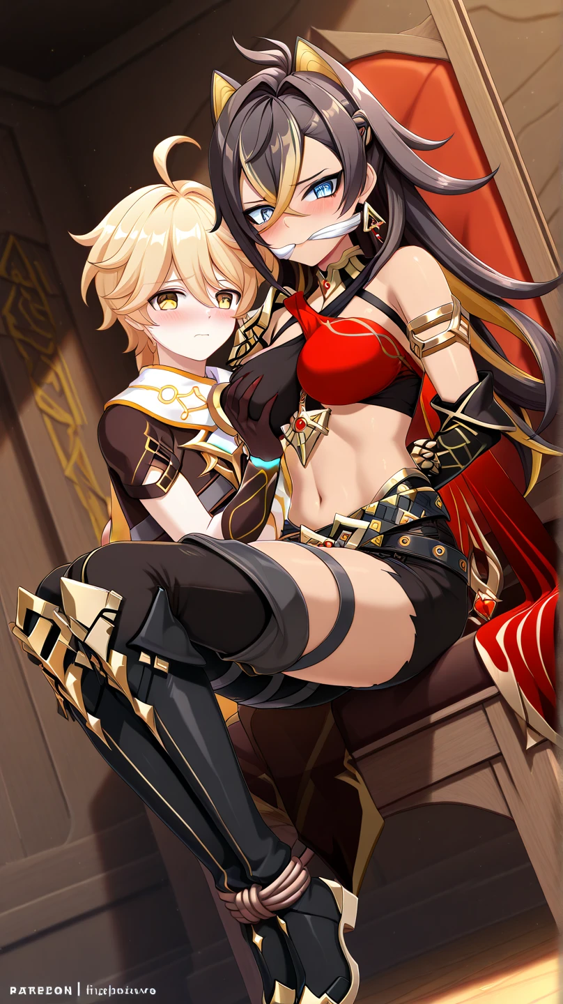 Lancer Artoria body (Alexis Texas Face), elegant adult female, blonde, green eyes (yellow eyelashes) crown, turtleneck, full body sitting on a bench, showing ass to me, RED breastplate, RED skin (1SologirlRED skin:1.2), looking at viewer, shiny, armor, thigh highs, pauldrons shoulder armor, faulds, poleyn, RED gloves gauntlets, rerebrace, RED military armored boots, yordle muscular lean platinum blonde long twin tails hairstyle at the bedroom lustful smirking smile face red blushed, blush, strong abs, female body builder, tiara, twin drills hair, (masterpiece, best quality, ultra detailed, best shadow)