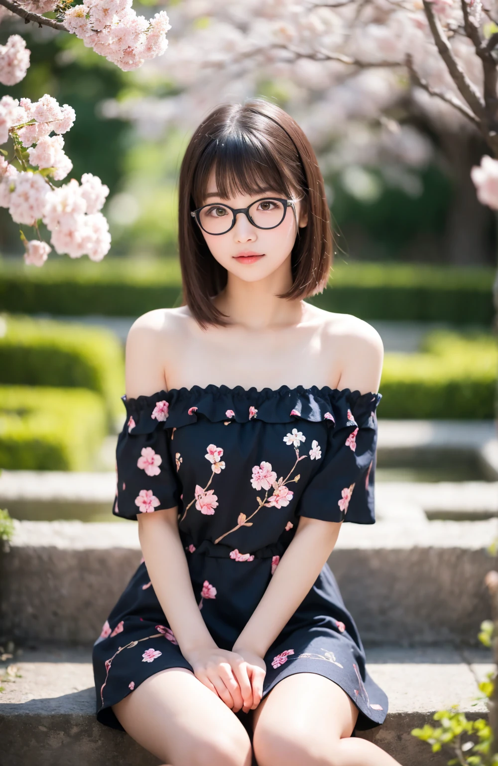 1girl, 15-years-old, the most famous Japanese idol, (full body, model pose), (wearing white summer-dress with cute-design, big round glasses with cute-design, red sandals with cute-design), standing on extremely beautiful flower garden, (Best-quality, Masterpiece, Ultra-High-Resolution, (Photorealistic:1.4), Raw Photo, depth of field, professional lighting, perfect anatomy, extremely details)