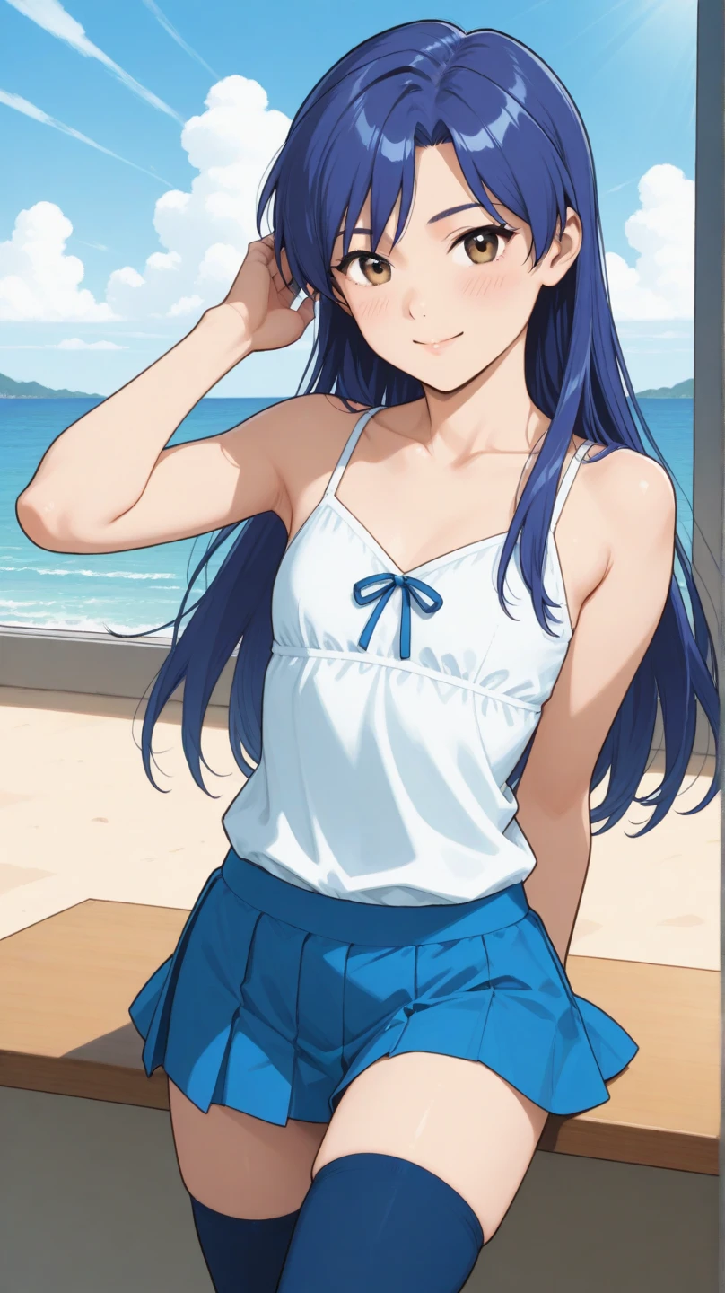 <lora:ushio:1> ushio, 1girl, black hair, blue eyes, long hair, school swimsuit, sky, solo, ushio