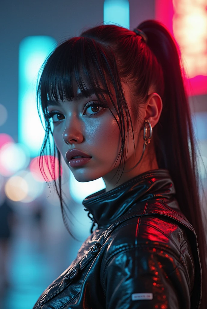 Una chica con el rostro de Amy lee, estilo synthwave, con un fondo de una Ciudad futurista 