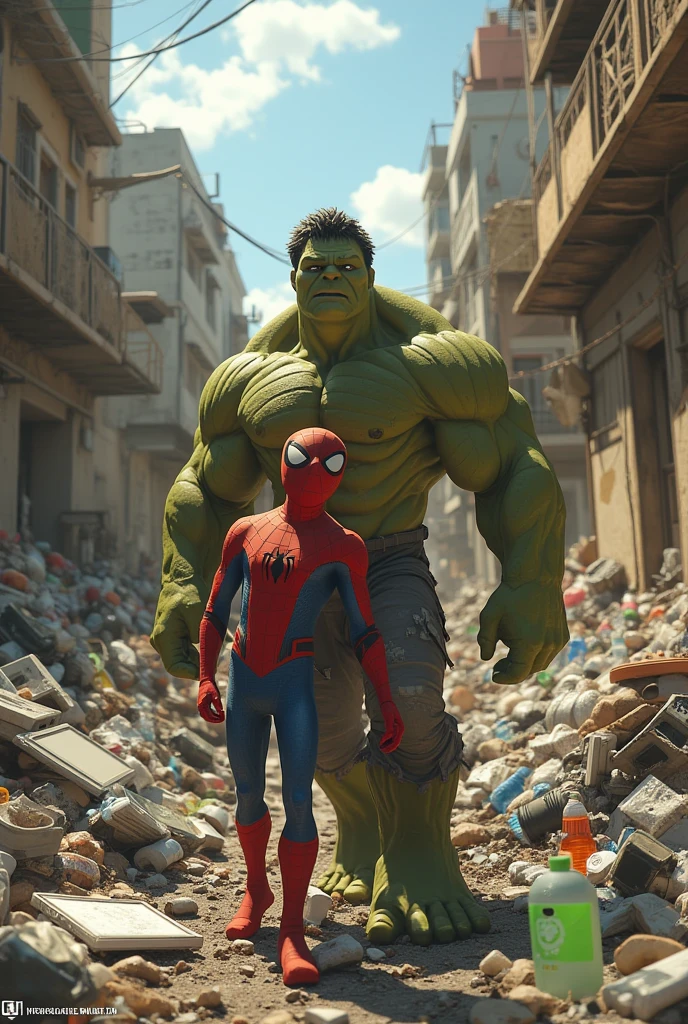 Spiderman is looking for food at the market accompanied by Hulk carrying a chicken