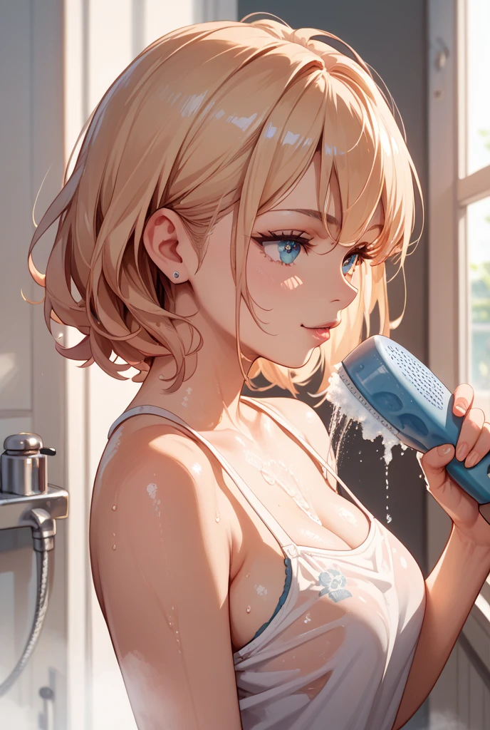(((masterpiece))), (((best quality))), (((from side))), (((brush teeth))), (((soap foam on mouth))), (((reflection))), (((mirror))), (((looking at self))), ((side breast)), ((side open)), ((loose camisole)), ((bare thighs)), sink, tile wall, window, solo, 1girl, (((big tits))), blonde short hair, hairclip, ribbon, sweat, daze, shy, blush, slim figure, night, <lora:girllikebrushteeth:1>