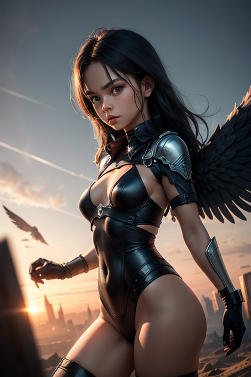 Super heroine flying over a destroyed city