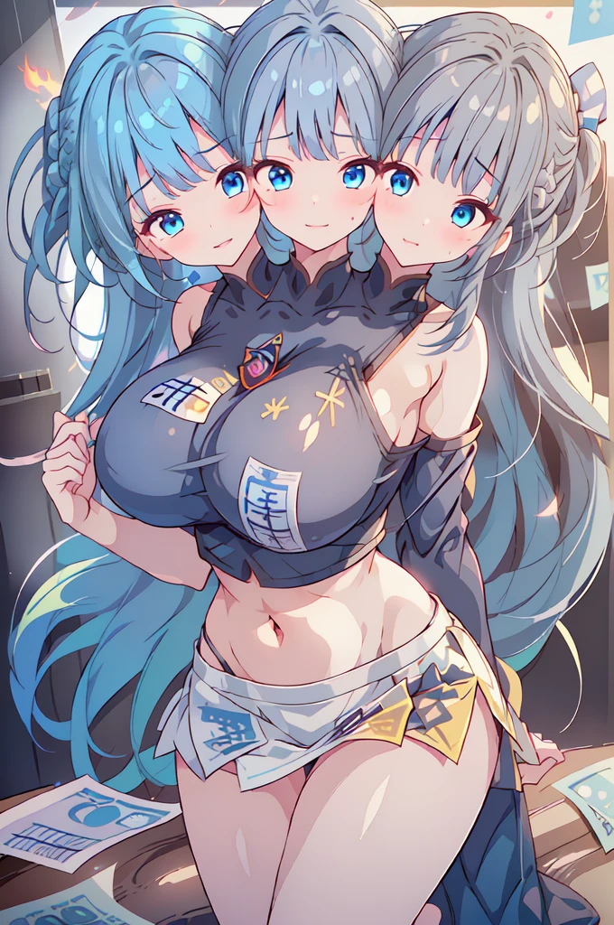 (masterpiece, best quality), best resolution, (3heads:1.5), 1girl, two-headed girl with((18year old, three heads, two heads are positioned next to each other, fused necks, facing the viewer, tattered clothing, white tube crop top, Black short-sleeved hoodie, White pants, Best Bust, Bust 85, extremely long black hair on both heads, Blue eyes, open chest wide, huge tits, open belly, Happiness, Sweating, Chain Accessories, During the dance、お腹に♡のペイント))hiquality, visualart,