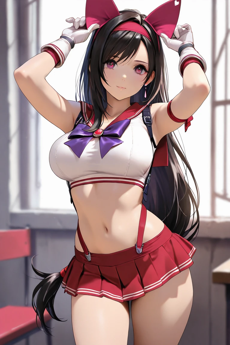 masterpiece, best quality, illustration, highly detailed, misakiao, hair ribbon, beautiful detailed eyes, light smile, cowboy shot, cheerleader, cleavage, midriff