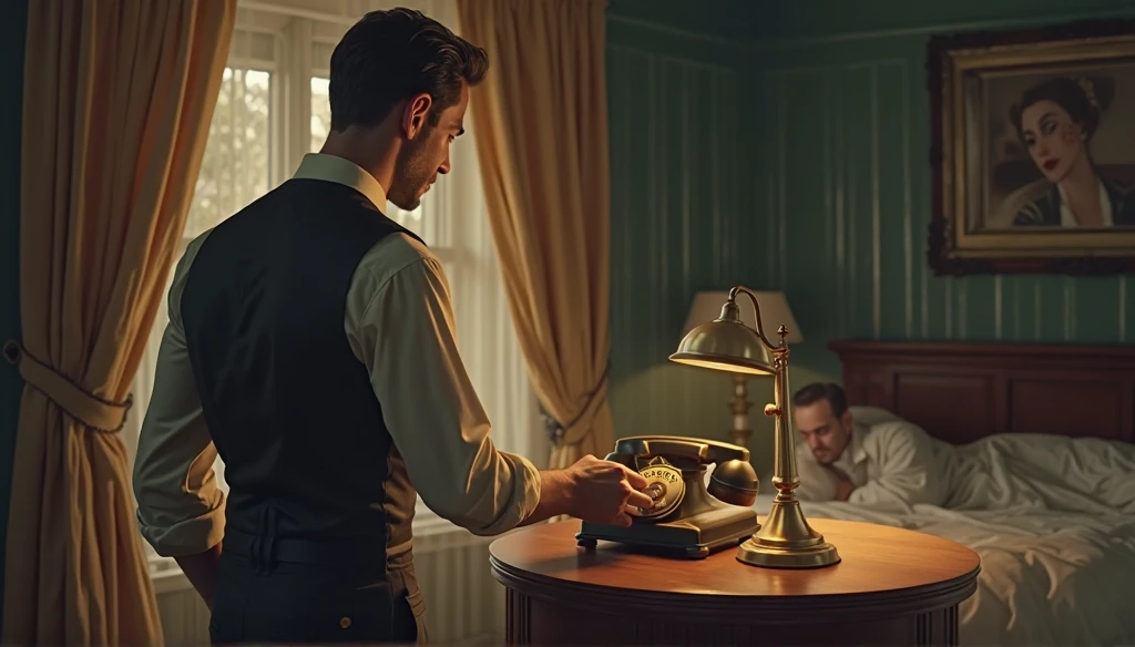 A person who is obviously from the 21st century with the Graham Bell telephone