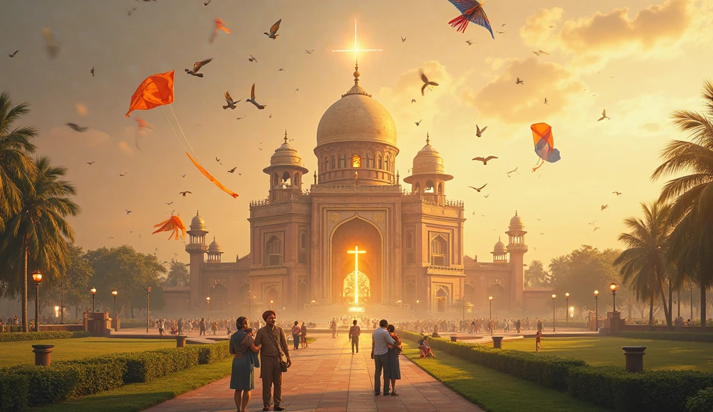 Create an image that depicts the essence of India’s rich heritage and cultural diversity, combining elements that symbolize unity and pride. Imagine a panoramic scene at dawn, with the sun rising behind the majestic silhouette of the Taj Mahal, its reflection shimmering on the Yamuna River. In the foreground, a diverse group of people—men, women, and children of different ages and backgrounds—are standing together, holding hands in a circle. Each person is dressed in traditional attire from various regions of India, showcasing the country's vibrant cultural tapestry. The tricolor of the Indian flag waves proudly in the background, with doves flying overhead, symbolizing peace and harmony. The image should evoke feelings of national pride, unity in diversity, and deep respect for India’s heritage, making it a powerful and shareable tribute to the nation.
