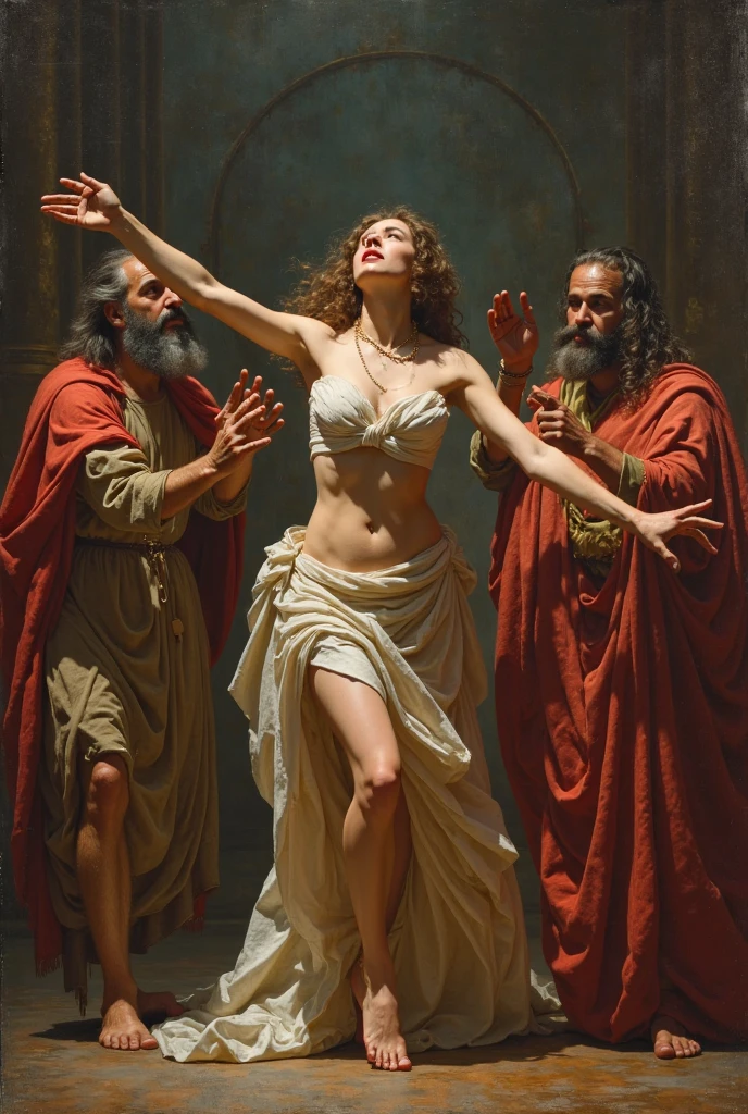 on a wide field, small full body, foot on ground, naked, six females greek with cloak are farming, female greek, painted of rugged zeus and queen hera singing with lia, god of thunder, female greek god, white hair, masculine, mature, handsome, upper body, muscular, hairy torso, fantasy, intricate, elegant, highly detailed, digital painting, artstation, concept art, smooth, sharp focus, illustration, art by gaston bussiere and alphonse mucha, almost naked