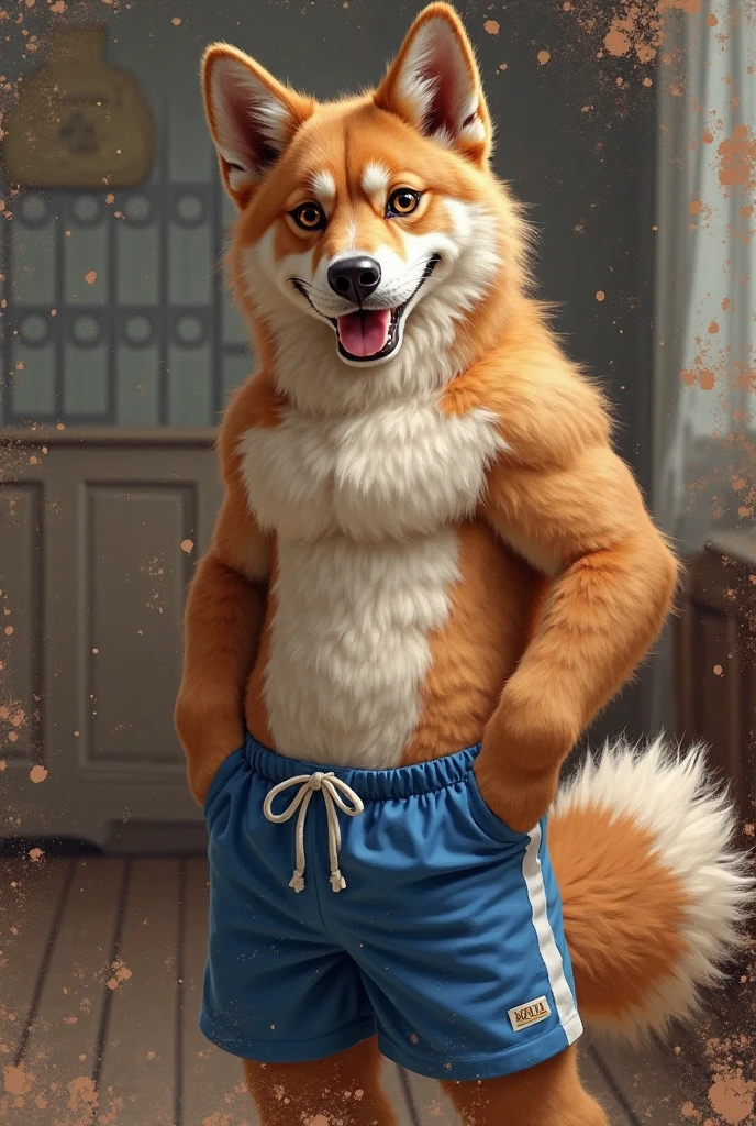 a slightly chubby young male corgi with small human blue eyes, no eyebrows, wearing a dark blue Adidas tracksuit, no pants white briefs, white socks , standing spread legs , highly detailed, realistic, 4k, best quality, masterpiece, studio lighting, vivid colors, physically-based rendering, white hands five finger, wicked grin hands on chest looking down