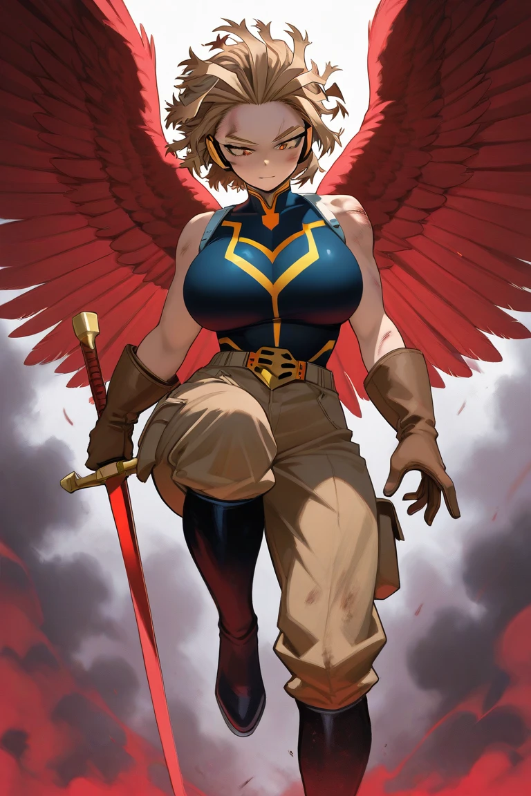 (1girl), (Iconic HawkgirL), in focus, photograph, (stylized, comic-book realism), (full body shot), wings spread wide, chest area accentuated, big breasts, detailed musculature, defined arms, wings feathers ruffled, intense gaze, red and gold armor, golden hoop earrings, bold black eyes, textured skin, intricate details, high quality, vibrant colors, comic book art style, dynamic pose.