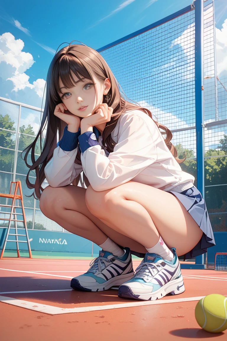 Masterpiece, 1girll, Solo, yukino yukinoshita, Glowing eyes, White sneakers, tennis wear, White miniskirt, White panties, White knee socks, Masterpiece, Top quality, Realistic, Hyper-detailed, Blue sky, tennis court, vibrator in pantie
