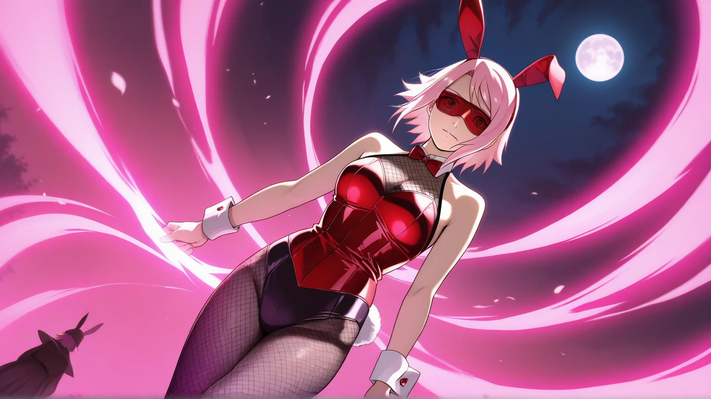 outrageous, best qualityer, 1 girl, standing alone, Red hair, purples eyes, long hair, big fit ass, oh Rabbit, bunny ears, red corset, gakuran, aprons, red ribbons around the neck, red skirt, headband, manga curta, wrist cuffs, white thigh highs, the jingle bells