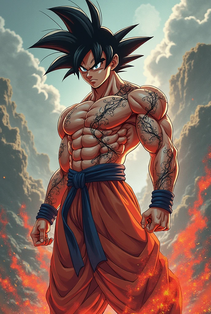 muscular Son Goku with black spiky hair,detailed tattoos on arms,fighting stance,red and black clothing,red and black background,detailed facial features,intense expression,cinematic lighting,dramatic shadows,detailed musculature,realistic shading,gritty urban environment,high-quality rendering,digital painting,concept art style