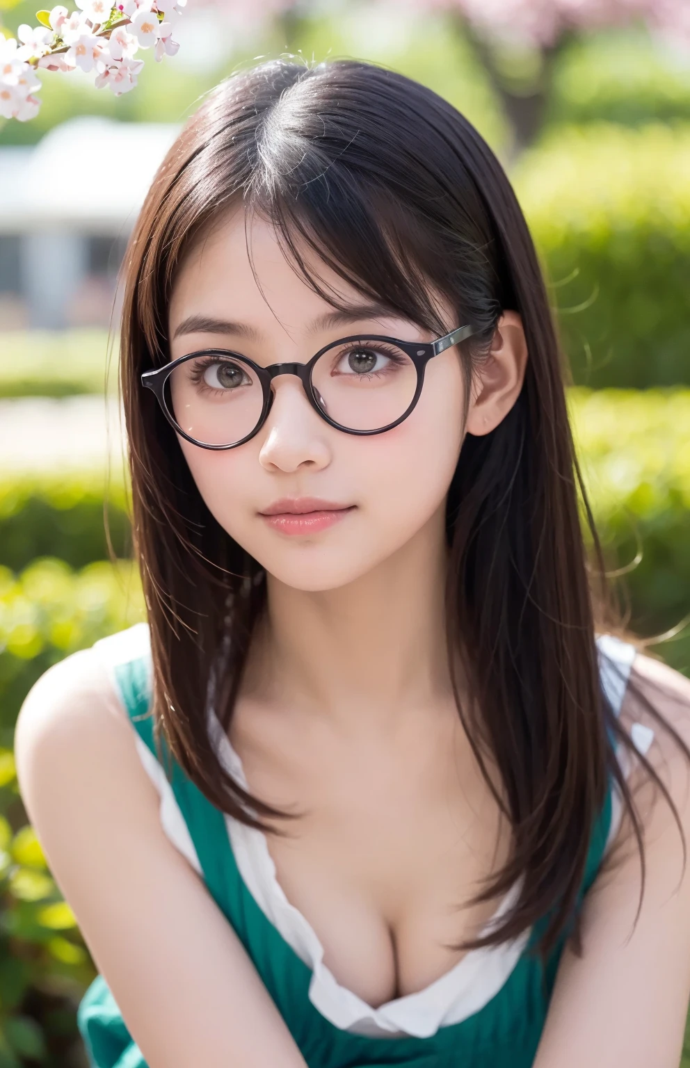 (Best-quality, Masterpiece, Ultra-High-Resolution, (Photorealistic:1.4), Raw Photo, depth of field, professional lighting, perfect anatomy, extremely details), 1girl, 15-years-old, the most famous Japanese idol, ((On outdoor terrace of Starbucks Coffee)), looking at viewer, innocent smile, (wearing round glasses with cute-design and summer-clothes with unique-design), (extremely cute face like the most popular Japanese idol, ((extremely cute and extremely big realistic-eyes), extremely cute and extremely realistic hair, extremely beautiful and extremely realistic skins)), extremely cute long-eyelashes, extremely cute lips