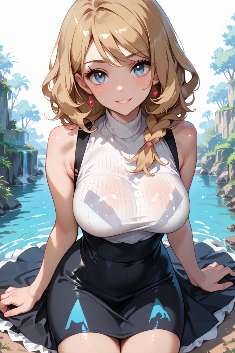 female,Round Face,Solitary,sports,Relax,blond,Big wavy hairstyle,elegant,whole body,(Open your legs),(((Exposing thighs))),full,Transparent openwork,White Deep V Tank Top,((White skirt)),stocking,leggings,(Brushstrokes,Impressionism,painting,Rich scenery),Disheveled,Chest contour,(((Wet clothing))),(((Ultra-thin clothing))),((Flesh outline)),Grinning