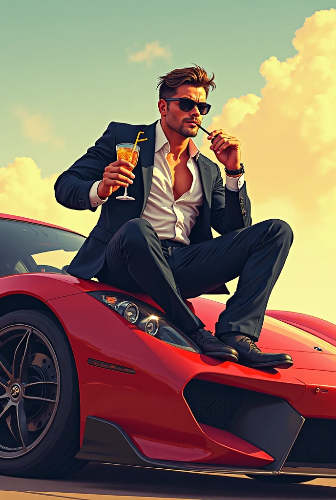 Sketch an image of a young guy wearing a short and sitting shirtless on a luxurious car while holding a cigar on his hands with his hands wide open