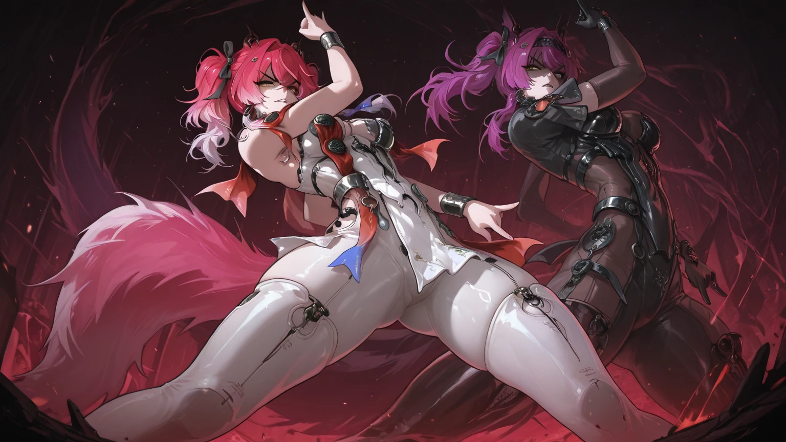anime style, athletic young woman, reddish hair, white skin, deep crimson eyes, cold expression, has one pairs of black horns, dressed in loose black sports clothing, her fists are wrapped in a kind of air-like aura, located in a futuristic coliseum
