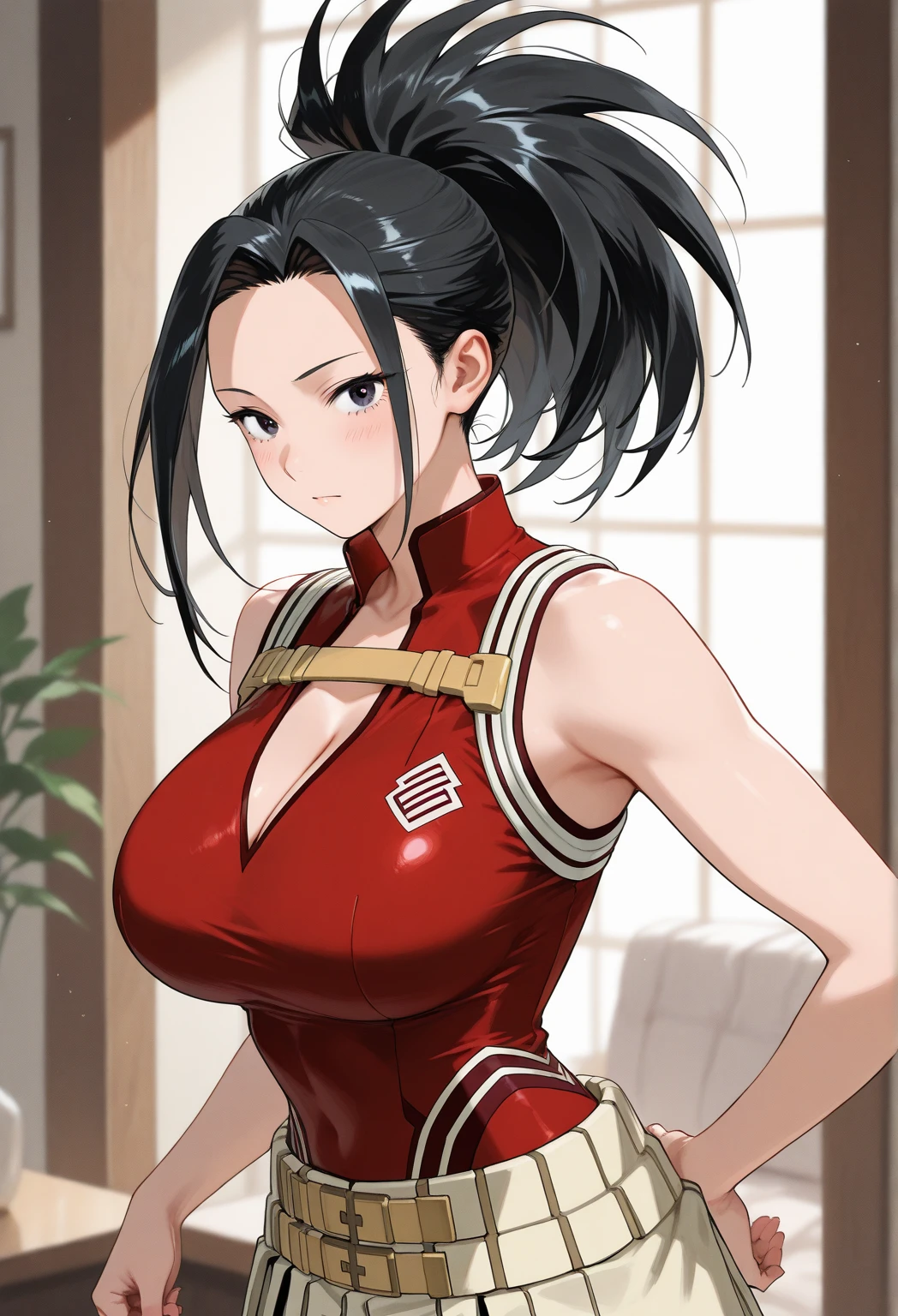 Yaoyorozu , big eyes , beautiful face , eyelashes , my hero academia style , big round , sexy , ghs , anime style , cell shading , revealing thighs , sitting at bar