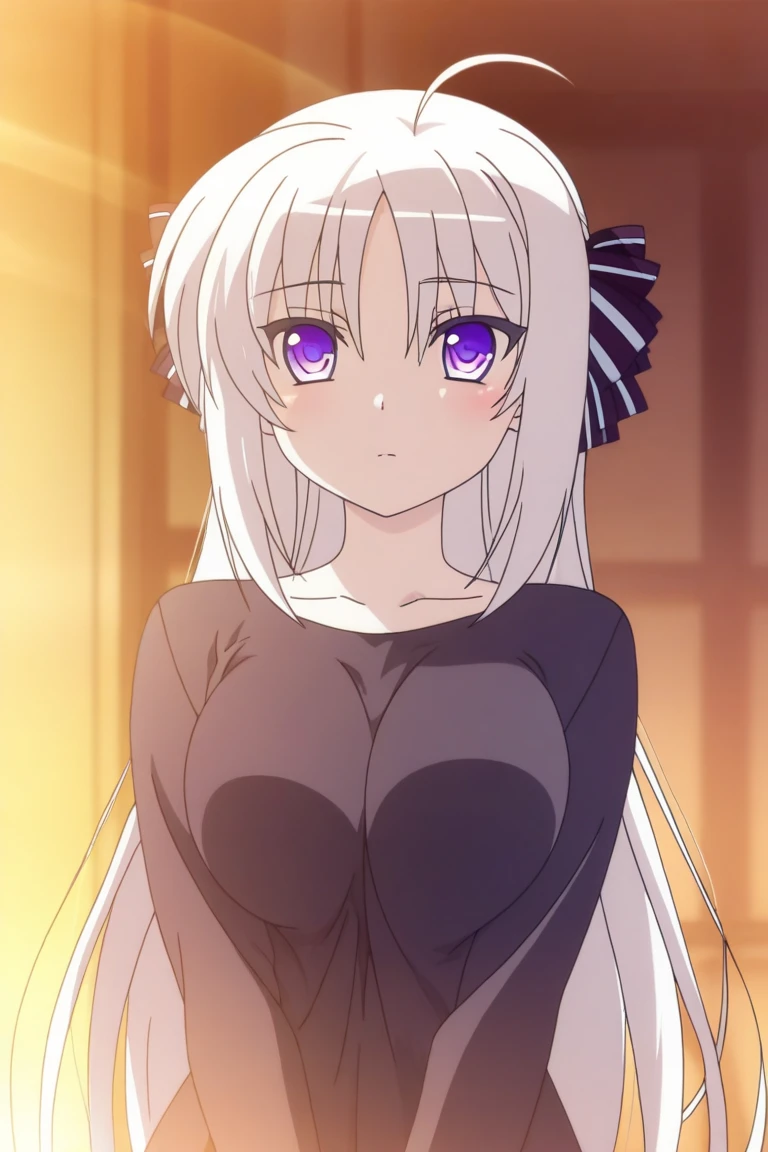 prison, concrete wall, concrete floor, looking at viewer, ((completely naked)), foreshortening, kiss, seductive smile, topless, show off breasts, One girl,  Long Hair, Purple eyes,  chest, Ahoge,   very Long Hair,   large breasts, ribbon,  hair ribbon, ponytail,  bangs, ass pov, 
