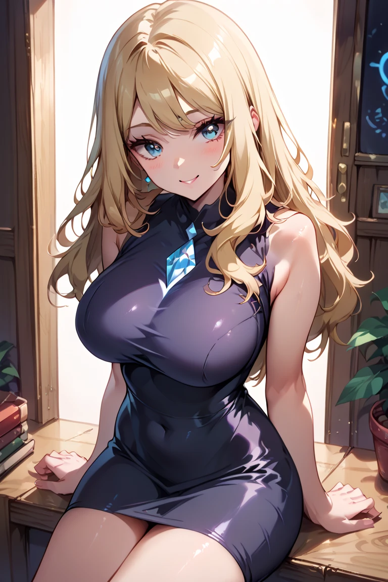 NSFW, 1Woman, ((best quality)), ((masterpiece)), (detailed), beautiful face, (((angry expression))), (defiance512:1.2), (((boob-length hairstyle))), (((blue dress outfit))), (((plain sky background))), big green eyes, ((blush cheeks)), evil grin dominant expression, (((standing dominant pose))), (((blonde hair colour))), (((bright glowing hypnotic brown eyes))), (((skinny figure))), intense seductive gaze, contrasting soft skin, (lighting:1.2), 4:3 aspect ratio, full body, medium-size concealed