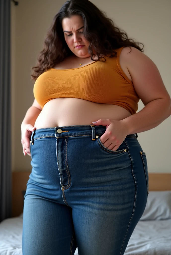 Femme très grosse, assise dans des coussins, Makima, bbwchan, cheveux rouges et yeux jaunes, double menton, elle carresse son gros ventre mou et rebondi, full belly, aftermath, ventre en boule sous le jean, jean très serré Elle porte un short en jean et un haut en dentelle, belle lumière sur elle, magnifique femme obese 