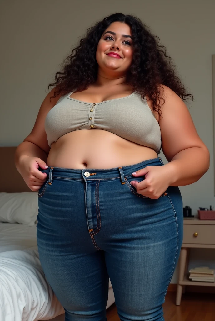 ((best quality)), ((masterpiece)), (detailed), (Morbid obesity:1.5), female, (obese belly:1.5), ((big belly)), (upper body obesity:1.8), protruding belly, (full body shot:1.3),  (weight over 120kg:1.2), with bra and lingerie, (horizontal belly button:1.3)