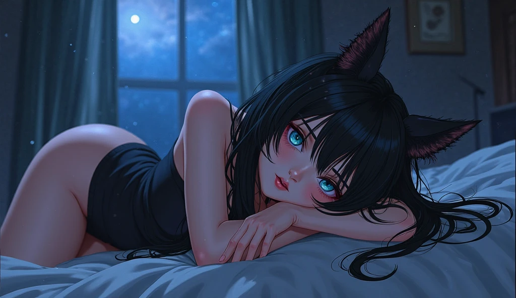 from front,upper body,look at viewer,claw pose,leaning forward,lie on bed,surprised,slender,fair skin,straight hair,long hair,forehead,black hair,Pouting mouth,big breasts,under boob,,,bare arms,hand between legs,lidoor,starry sky,focus on breasts,