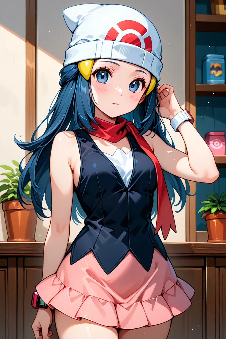 NSFW,masterpiece,Highest quality,High resolution,Super detailed,dawn_\(pokemon\),blue eyes, Blue Hair, Long Hair, Side Lock, Hair Clip, Beanie, Black Dress, No sleeve, Pink Skirt, scarf,Embarrassed,blush,Lingerie Shop,(Underwear section),Luxury stores