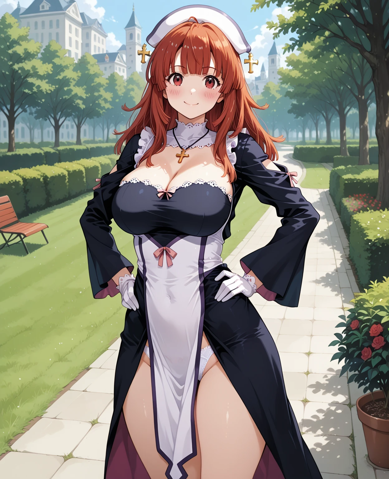 1girl, good anatomy, masterpiece, best quality,realistic, hyperrealistic, 16k hdr,, perfect face, nice eyes and face, textured skin, absurdres, highres, wzhakufu, long hair, magatama earrings, large breasts,cleavage,antenna hair, orange hair, aqua eyes, (see through sexy maid dress:1.3), standing, outdoors,school background, (strong wind:1.2), levitation hair, natural light,erected nipples,from below,(micro panties:1.2),(sweat:1.2),spread legs,navel,(sexy pose:1.3),smile,red blush