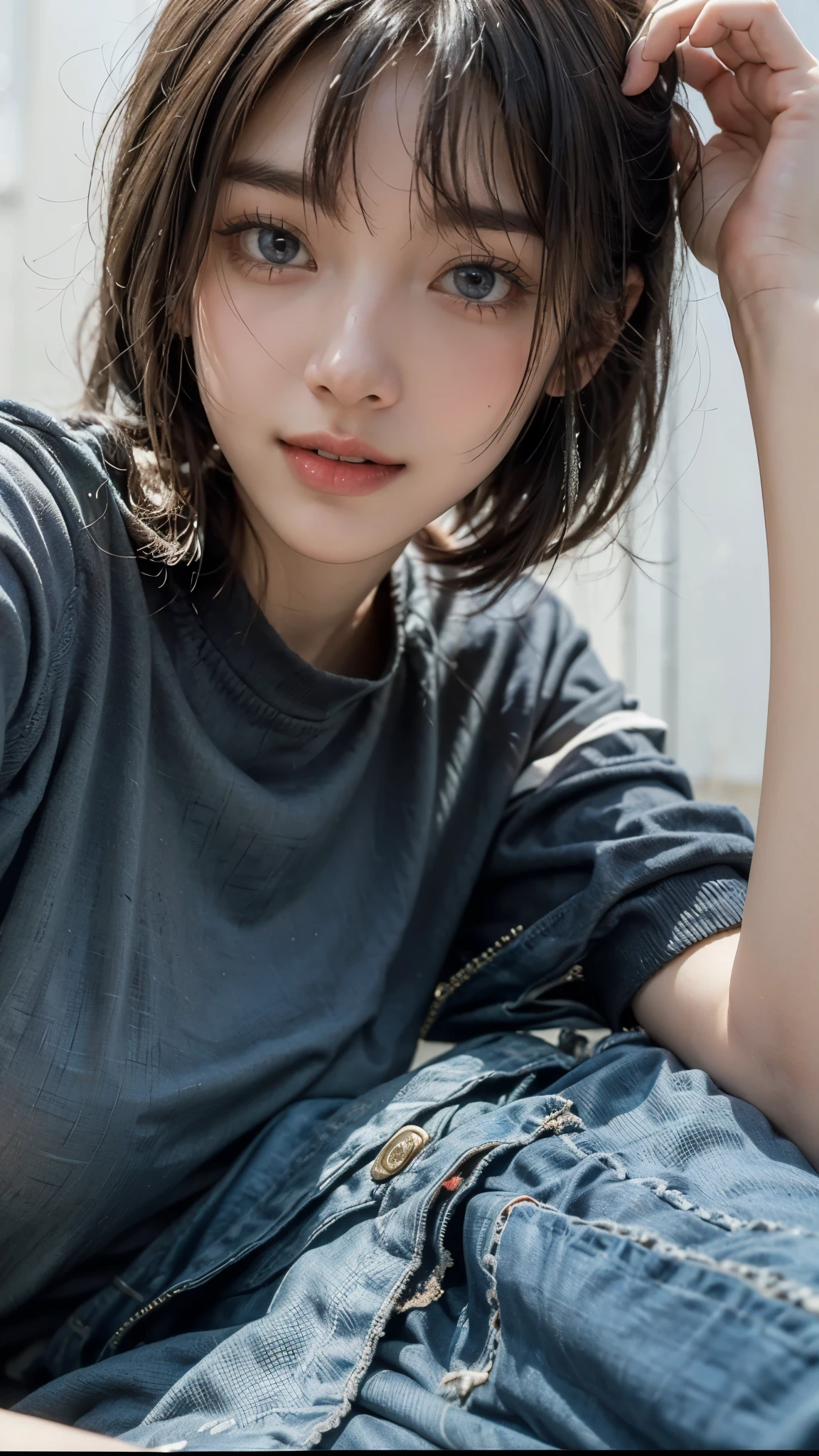 Highest Quality, masterpiece, Ultra High Definition ,8k,super high performance HD 8k camera shooting,High Style,large earrings,hemp shirt,((sexy look:1.4)),Movie Lighting,Detailed Skin Gloss,)),Fine Skin Texture, that seem to stick out of clothes,soft textured ,(realistic:1.6), ((blue eyes)),((radiant smile)), RAW Photo,1 person,Adult Female,((Looking up at the audience)),pretty face