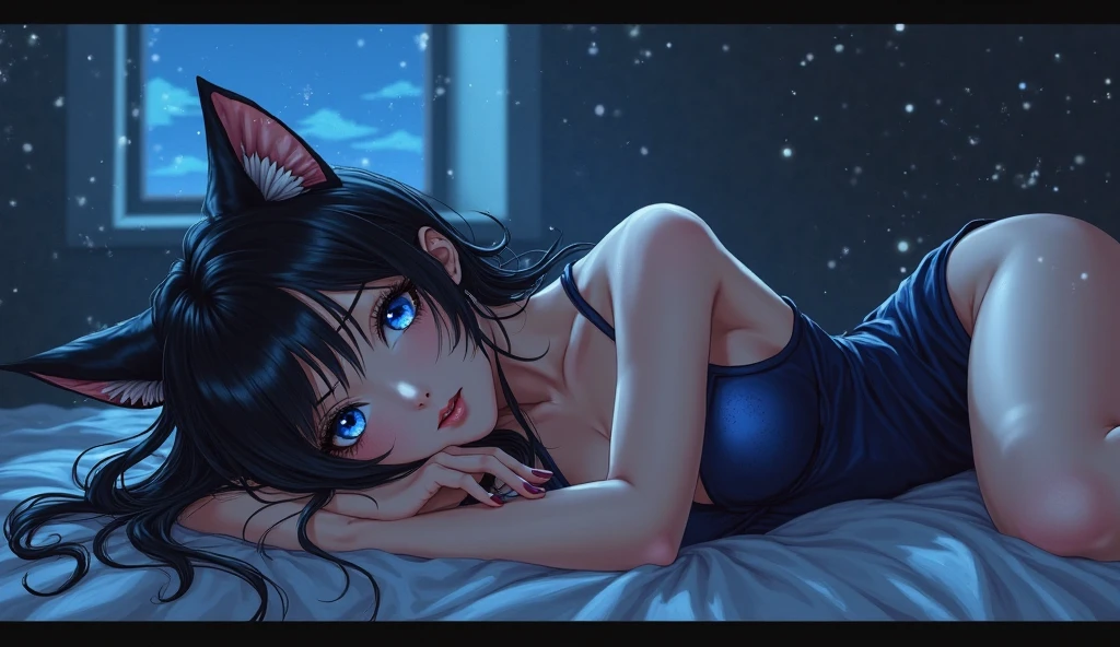 ((best quality)), (little girl, short, elf, black hair, red eyes, sexy), (underwear, dress), (night, bed)