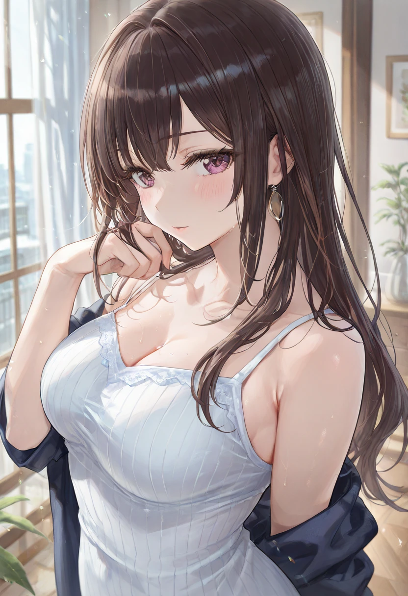 ((masterpiece, best quality, high resolution, ultra high definition, Pixel perfect, depth of field, 4K, RTX, human development report))), 1girl in, single, alone, Beauty、see whole body、 ((Long hair to waist, Short Liuhai, reddish brown hair)), ((blue eyes, beautiful eyelashes, realistic eyes)), ((Detailed face, blush:1.2)), ((smooth texture:0.75, lifelike质感:0.65, lifelike:1.1, Anime CG style)), medium breasts, Perfect body, ((White shoulderless sweater, exposing her chest, Fold skirt,Black tights)), A confident smile, Sitting sideways on a chair, Look down from above、(The wind is strong and blows my hair,exposed thighs、Black tights) , Night view hot spring,Snowy nights