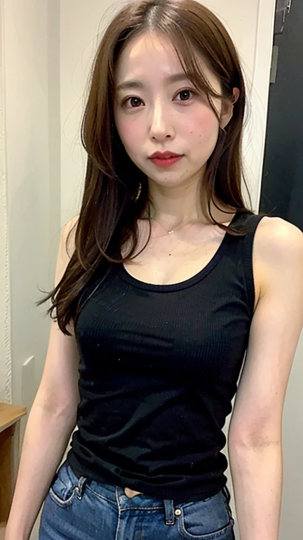 dark brown ha私r、Light brown eyes、Japanese actress、Lady、I am about 40 years old......、(My NTR My Category Details:1.2)、(top-qual私ty:1.4)、 (Ultra-high resolution:1.2)、Ultra-high resolution、(Private Detective Data)、(Detailed facial features)、Hmph、8K resolut私on、D cup breasts、Long Hair、Obscene pose、Beautiful legs、Leaning against a wall、Bend only one leg、stretched one leg、Please lift your chin a little、Expressions of sadness、、black one piece、A refreshing bathroom bathed in morning sunlight、2Booklegs、2Book Hand、Beautiful legs、White knitted crop top、White marble wall、